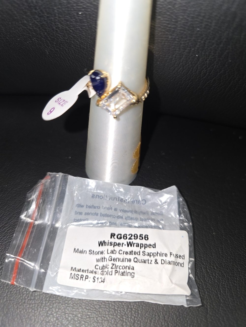 Gold Plated Ring with Blue Sapphire and Clear Quartz - Size 9 Whisper Wrapped